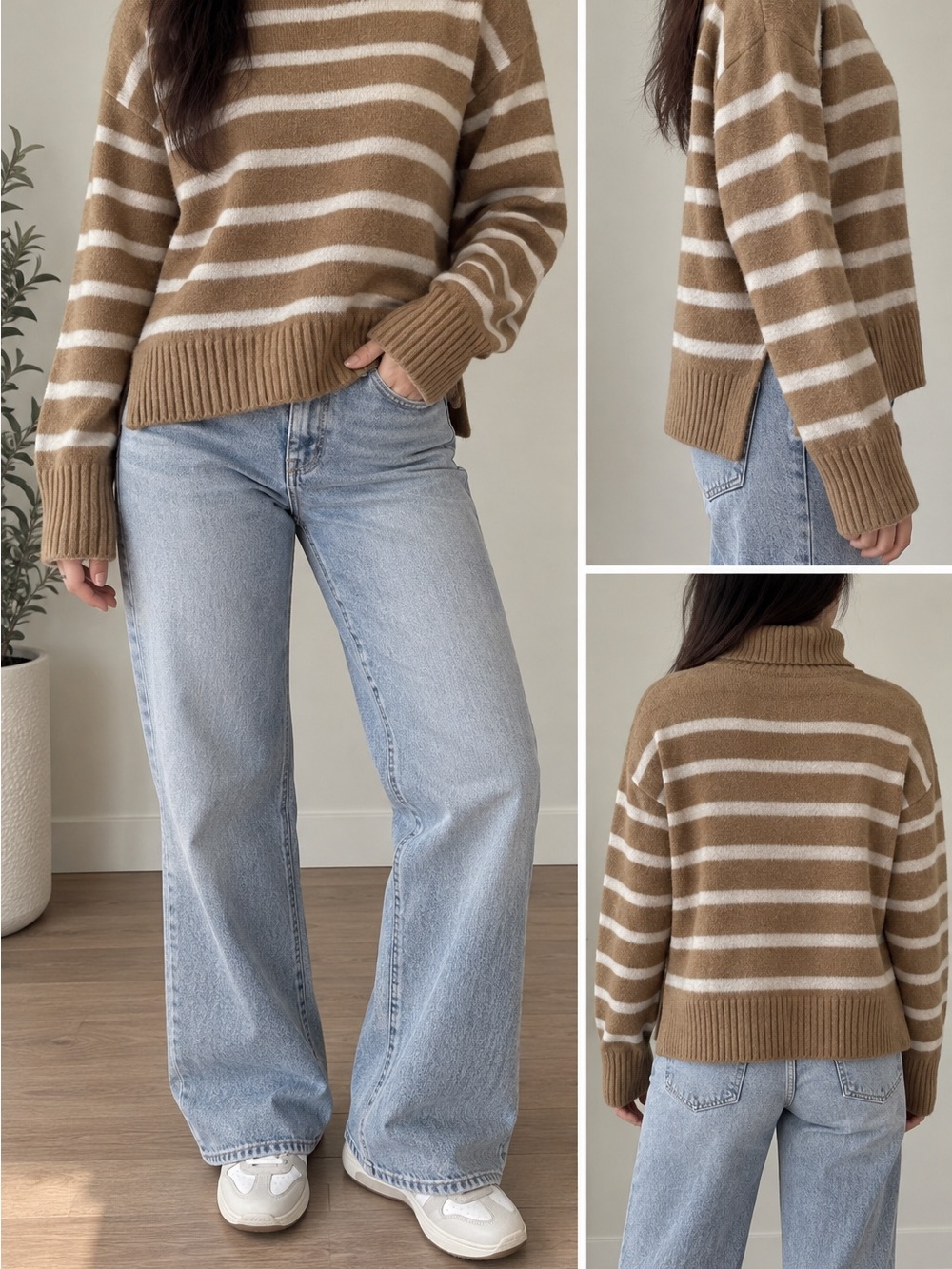 UNIQLO Soufflé Yarn Brown Cream Striped Turtleneck Sweater XS Oversized